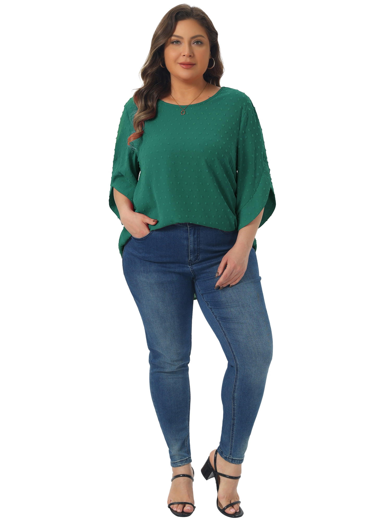 DARING DIVA Women's Plus Petal Sleeve Swiss Dots Blouse T-Shirt Tops 2X Dark Green