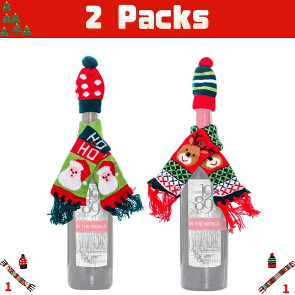 RoamRider  Pack of 2 Christmas Wine Bottle Covers - Santa & Reindeer Knitted Hat and Scarf Design for Festive Table and Party Décor