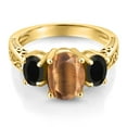 thumbnail image 3 of Gem Stone King 2.30 Ct Oval Brown Tiger Eye Black Onyx 18K Yellow Gold Plated Silver Ring (Size 5), 3 of 6