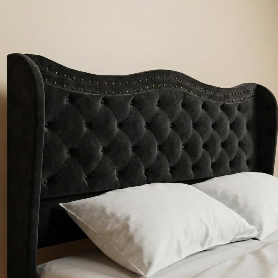 Queen Size Bed Frame with Headboard and Footboard, Upholstered Platform Bed, with 50 Inch Tall Wingback Tufted Headboard, Jet Black Velvet Button Tufted, Sturdy/No Box Spring Needed/Noise Free