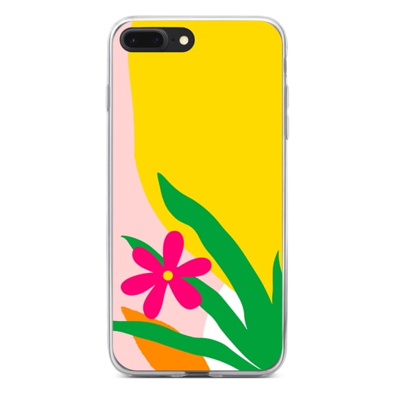 DistinctInk Clear Shockproof Hybrid Case for iPhone 7 PLUS / 8 PLUS (5.5" Screen) - TPU Bumper, Acrylic Back, Tempered Glass Screen Protector - Summer Vibes Bold Flower Pink Green Yellow