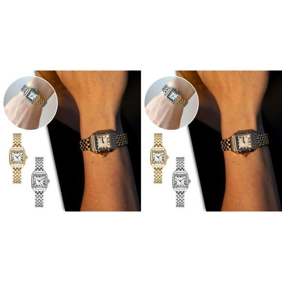 (2-Pack) Rinsvye Gold Women's Watch Square Wrist Watches for Women Silver Stainless Steel Band Sports Watches for Men Quartz Watch Female Student Womens Watch Stretch Band Jewelry Watch