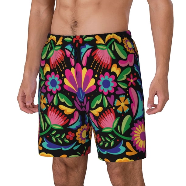 Balery Colorful Floral Embroidery Mexican Bañador para hombre, shorts de playa de secado rápido con entrepierna y forro de compresión-Large