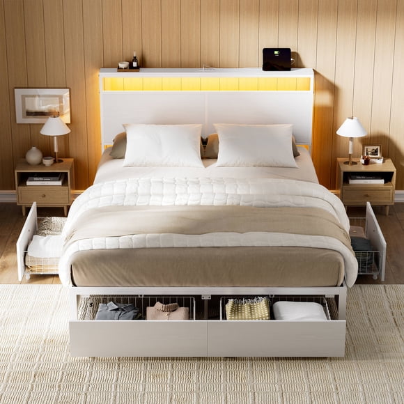 GUNAITO Full Size Bed Frame with Headboard Storage Bed frame with 4 Drawers LED Platform Bed Frame with Charging Station White