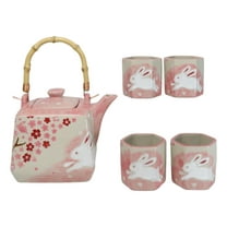 Pink Sakura Cherry Blossoms With Rabbit Hexagonal Teapot With 4 Tea Cups Set
