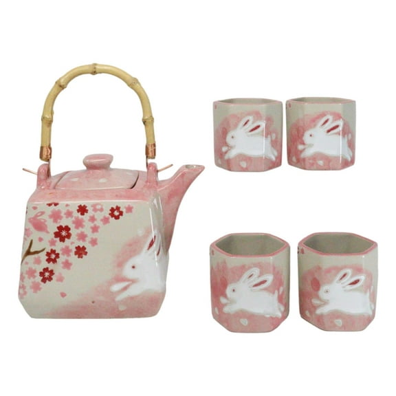 Pink Sakura Cherry Blossoms With Rabbit Hexagonal Teapot With 4 Tea Cups Set