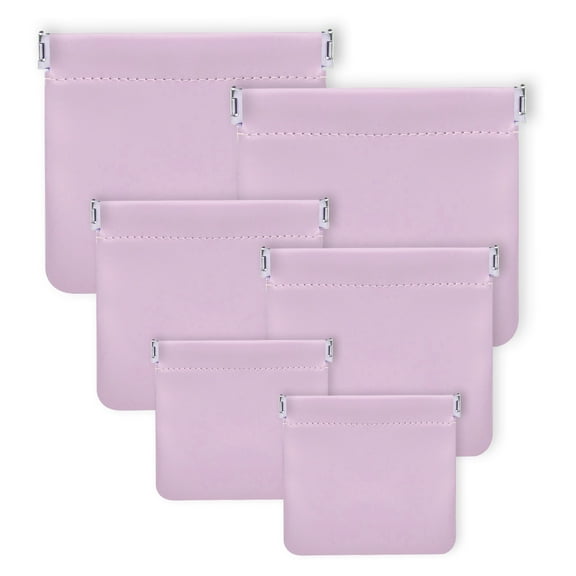 6 Pieces PU Leather Snap Closure Organizer Pouch, 3 Sizes Small Makeup Bag, No Zipper Self-Closing Portable Cosmetic Pouch for Women Coin Travel Storage Lipstick Jewelry (purple)