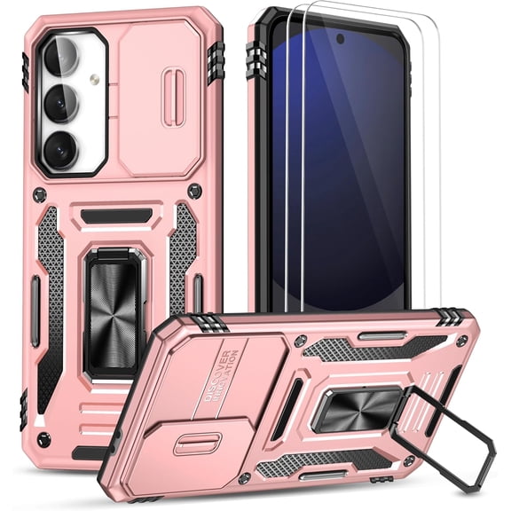 HCTian for Samsung Galaxy S24 FE Case with Slide Camera Cover Screen Protector(2 Packs), Rotated Ring Kickstand Military Grade Shockproof Protective Cover for Samsung Galaxy S24 FE