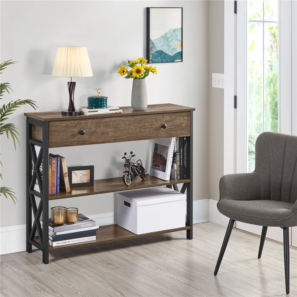 Alden Design Wood Console Table with Drawers and Shelves, Taupe Wood with Dark Frame