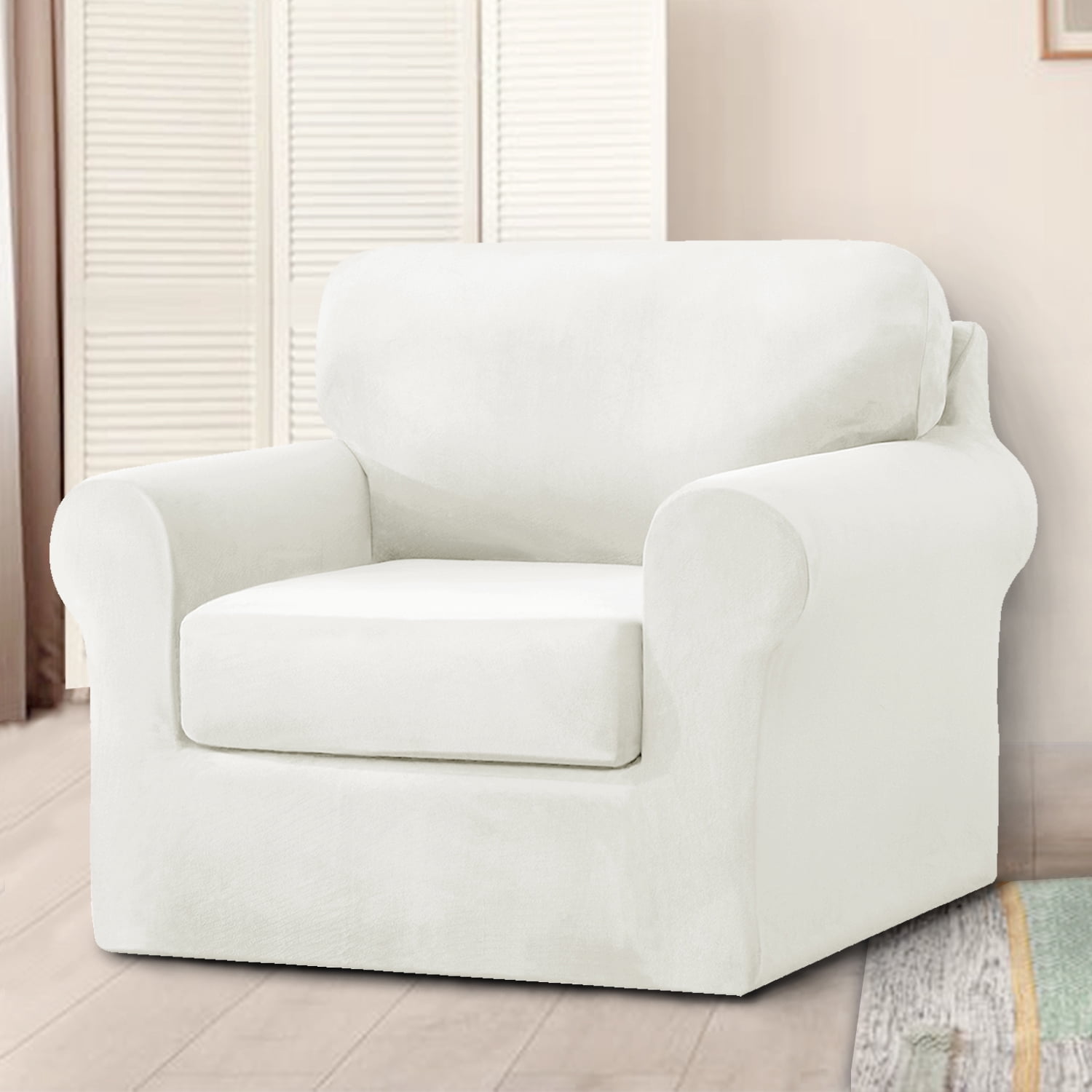 Eurhowing Velvet Sofa Slipcover, Pet-Friendly Stretch Couch Cover with Non-Slip Bottom & Cushion Covers, Washable Furniture Protector for Armchair, White
