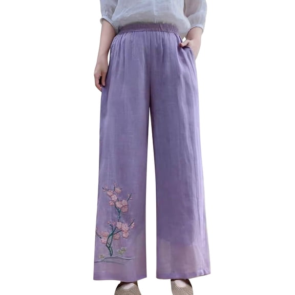 Casual Pants for Women Elastic Waist Embroidered Loose Cropped Wide Leg Linen Blend Casual Trousers