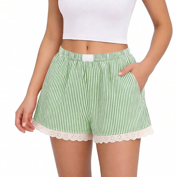 TaTaai Women's Spring Summer Cute Striped Lace Splice Elastic Waist Short Pants Comfortable Soft Home Sleep Lounge Shorts with Pockets Casual Daily Wear Gift