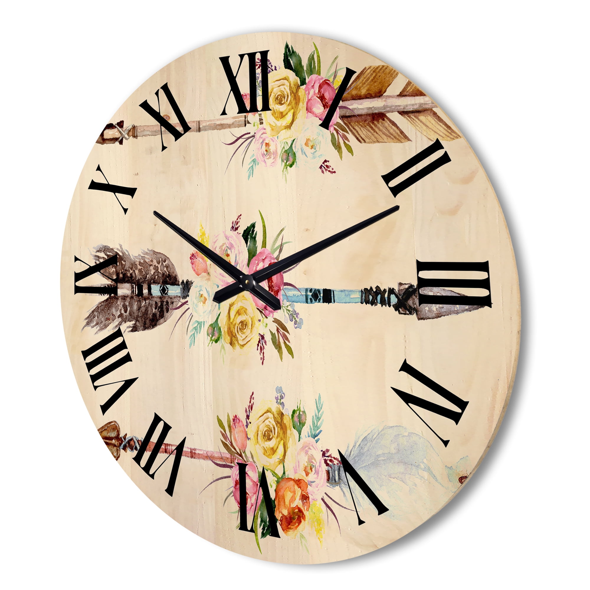 Designart 'Flowers and Ethnic Feathers On Native Arrows II' Bohemian & Eclectic Wood Wall Clock