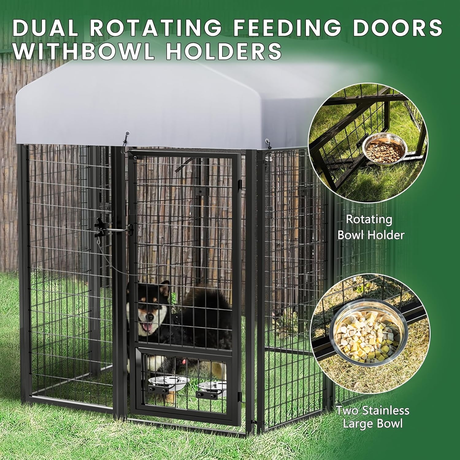 Waleaf 8x4x4 ft Outdoor Dog Kennel Cage for Large Dogs,Large Dog Kennel with Rotating Bowls for Outdoor,Pet Dog Run Enclosures for Dog Crate with Waterproof UV-Resistant Cover and Secure Lock