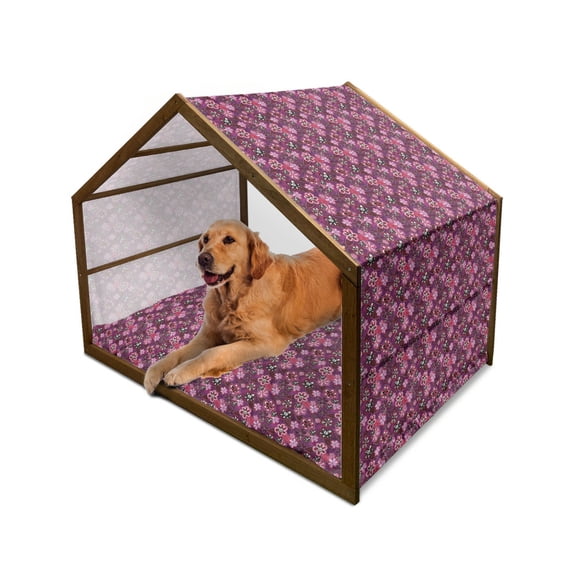 Flower Pet House, Modern Design Watercolor with Floral Leaf Seemed Ombre Style Print, Outdoor & Indoor Portable Dog Kennel with Pillow and Cover, 5 Sizes, Purple White, by Ambesonne