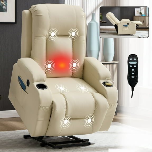 Power Lift Recliner Chair with Massage and Heat,Faux Leather Soft Chair with USB Charging&Cup Holders, Infinite Position Reclining,Heavy Duty 350 LBS Capacity