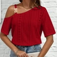 thumbnail image 2 of Économies d'Été KIHOUT Hauts d'Été pour Femmes, Blouse Mode Décontractée pour Femmes à Col Court Uni, Blouse à Col Asymétrique (Rouge G), 2 of 5