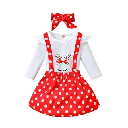 

Sunisery 3Pcs Christmas Infant Baby Girls Elk Long Sleeve Tops + Dot/Plaid Suspender Skirt + Headband Outfits Red Dot 12-18 Months