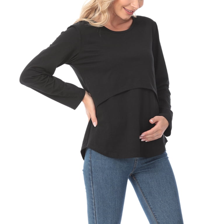 Gakvov Women's Maternity V-Neck Pleat Tunic, Long Sleeve Nursing Blouse Ruched Pregnancy Top Button V Neck Long Sleeve Bandage Babydo