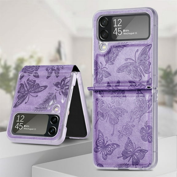 Allytech Slim Case for Samsung Galaxy Z Flip4, Embossed Butterfly PU Leather Clear PC Bumper Protective Case,Purple