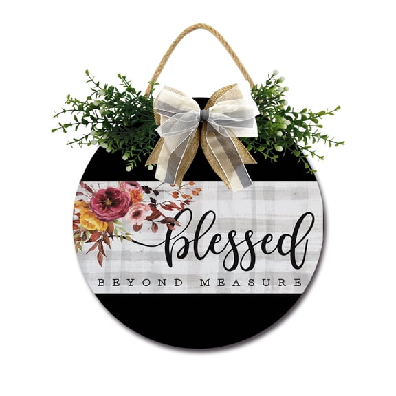 Blessed Beyond Measure Door Sign Home Decor Round Wood Wreaths Wall Hanging Sign Farmhouse Porch Sign Front Door Decoration for Housewarming Gift All Seasons Holiday,12In