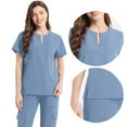 thumbnail image 3 of Women 2 Piece Solid Scrubs Set Loose Drawstring Pants Pocket Caregiver Short Sleeve V-Neck Blouses Nursing Uniform Set, 3 of 4