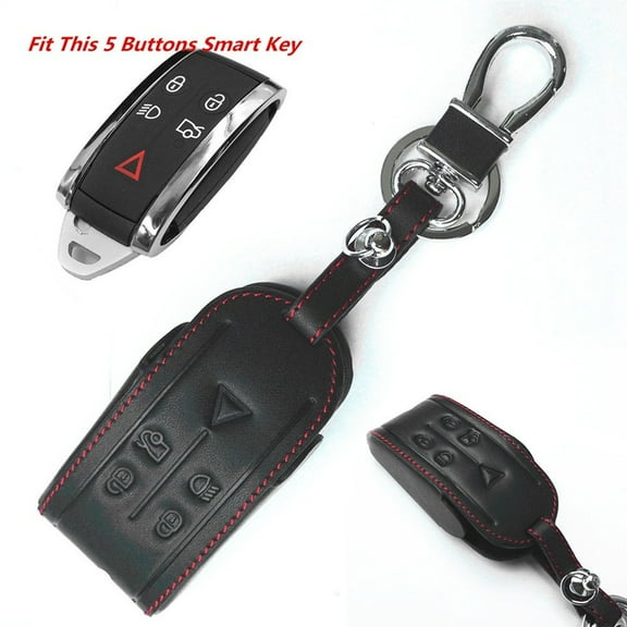 Black Leather For JAGUAR XF XK XKR 5 Buttons Smart Remote Key Chain Cover Fob