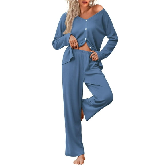 Ekouaer Womens Waffle Knit Pajamas Long Sleeve Lounge Set Button Up Pjs Loungewear with Pockets