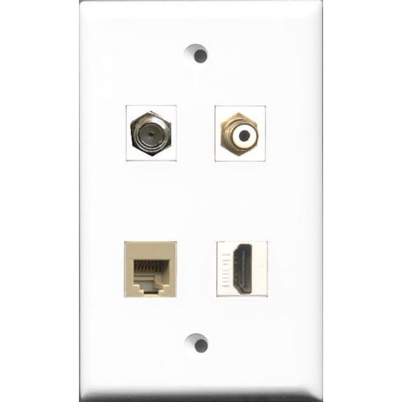 RiteAV 1 Port HDMI and 1 Port RCA White and 1 Port Coax Cable TV- F-Type and 1 Port Phone RJ11 RJ12 Beige Wall Plate
