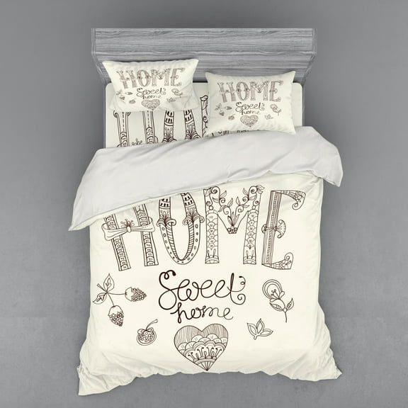 Ambesonne Saying Bedding Set 4 Pcs, Flowers Heart, Queen, Dark Brown Beige