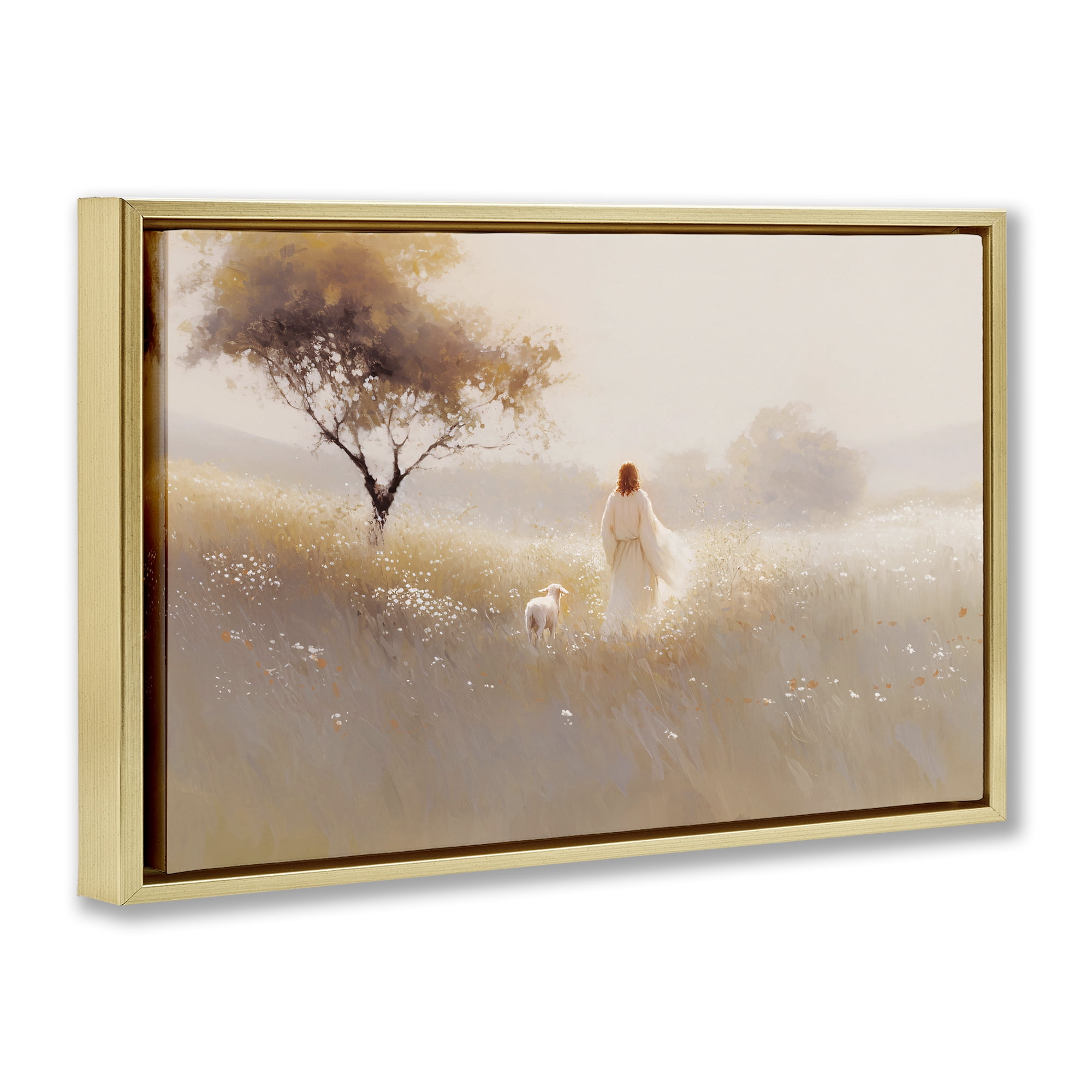 Stupell Industries Spiritual Shepherd & Lamb Gold Framed Floater Canvas Wall Art, design by Jacky Ngan