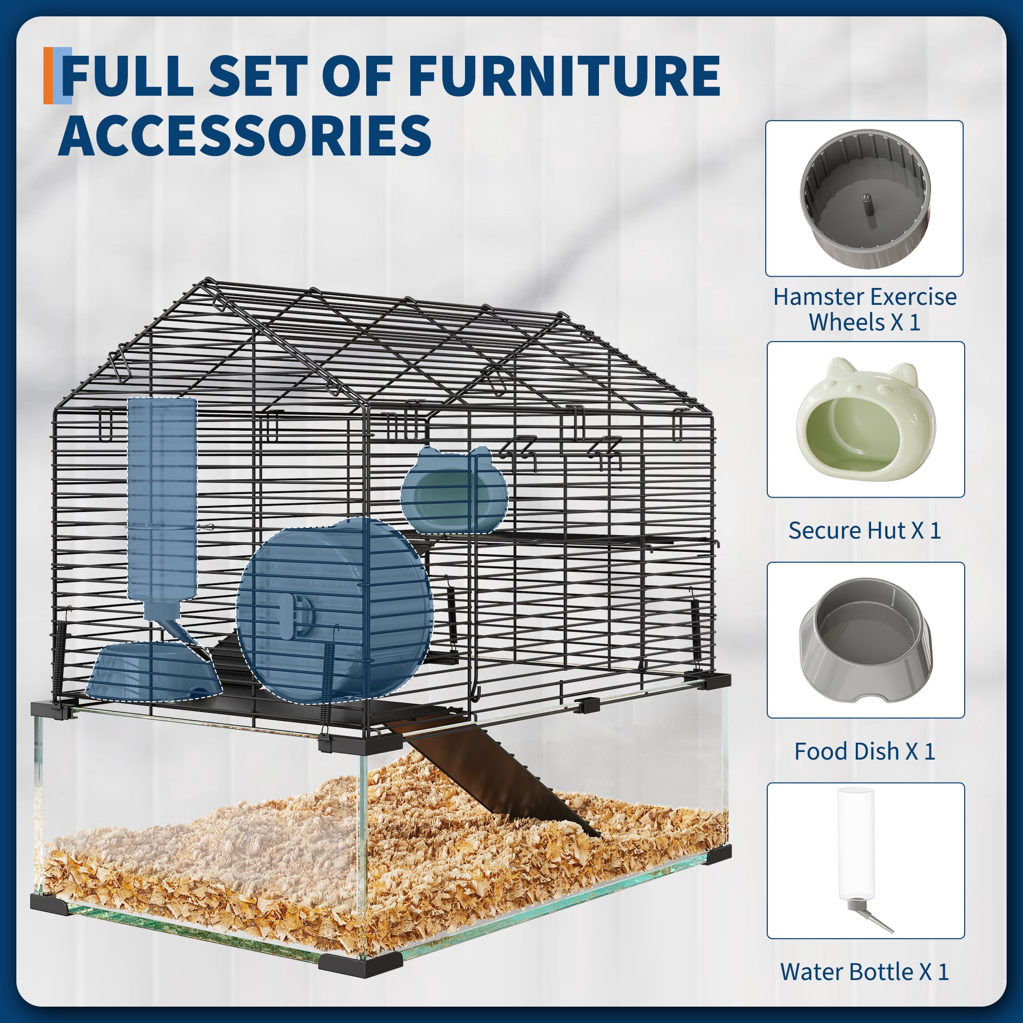 Gaderth 3 Tiers Hamster Cage with Deep Tempered Glass Bottom, Large Hamster Tank with Running Wheel, Hut, Dish ＆ Water Bottle, Rat Cage for Dwarf, Syrian, Gerbils, Mouse