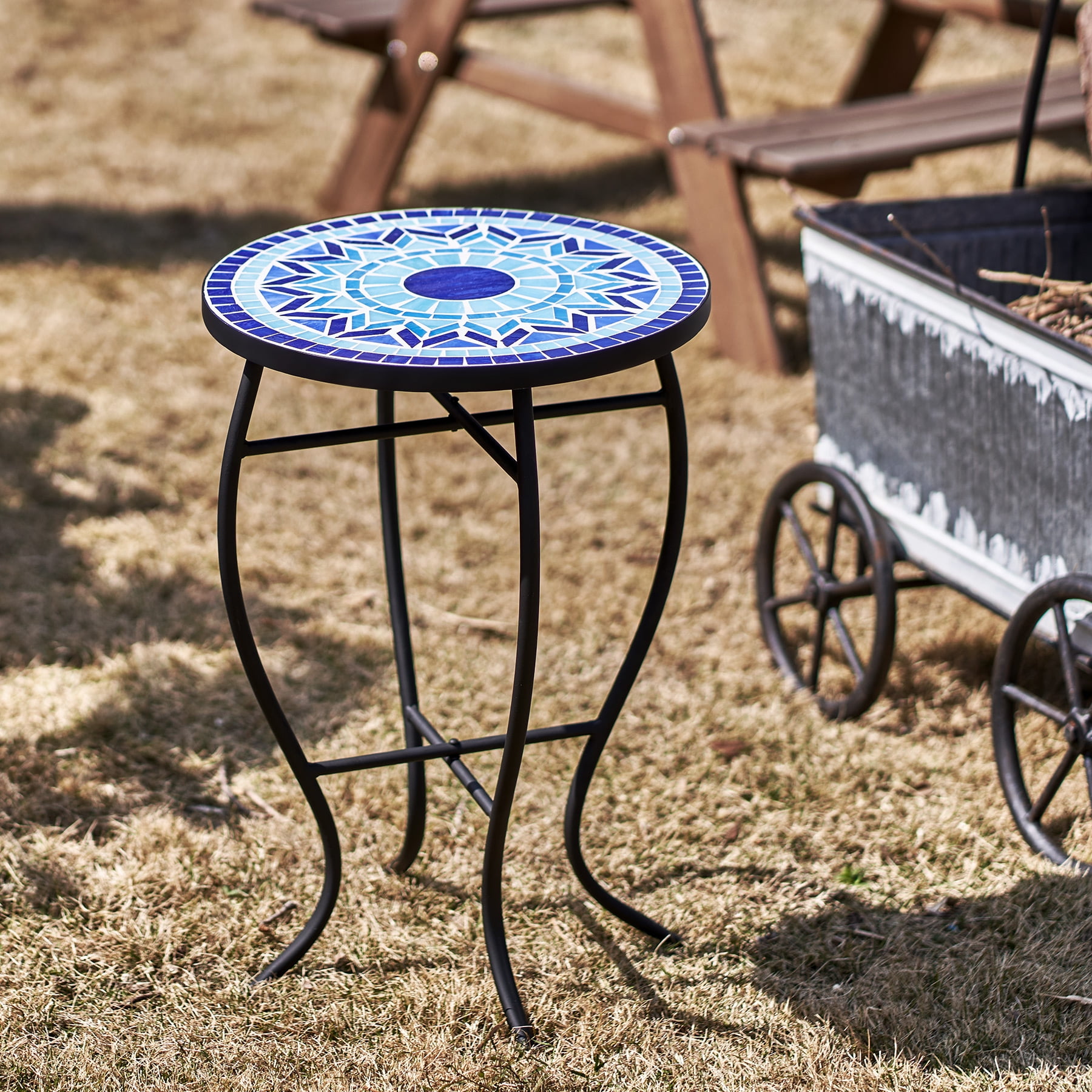 21" End Table w 14" Mosaic Ceramic Tile Top Porch & Patio Decor, Indoor