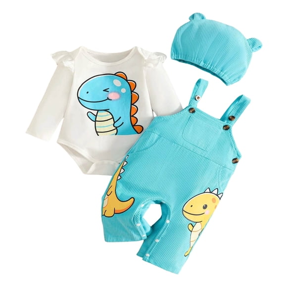 YWIYIUD Baby Boy Outfit 3 Piece Cartoon Print Flying Sleeve Romper Overalls Suspender Pants with Hat Fall Winter Clothes Sets Holiday Party Outfits InfantHome Wear Outfit for Toddler Girls 6-9 Months
