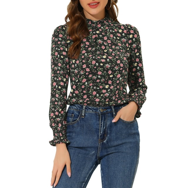Blusa impresa de manga larga con cuello simulado y fruncido para mujer INSPIRE CHIC en negro y rosa