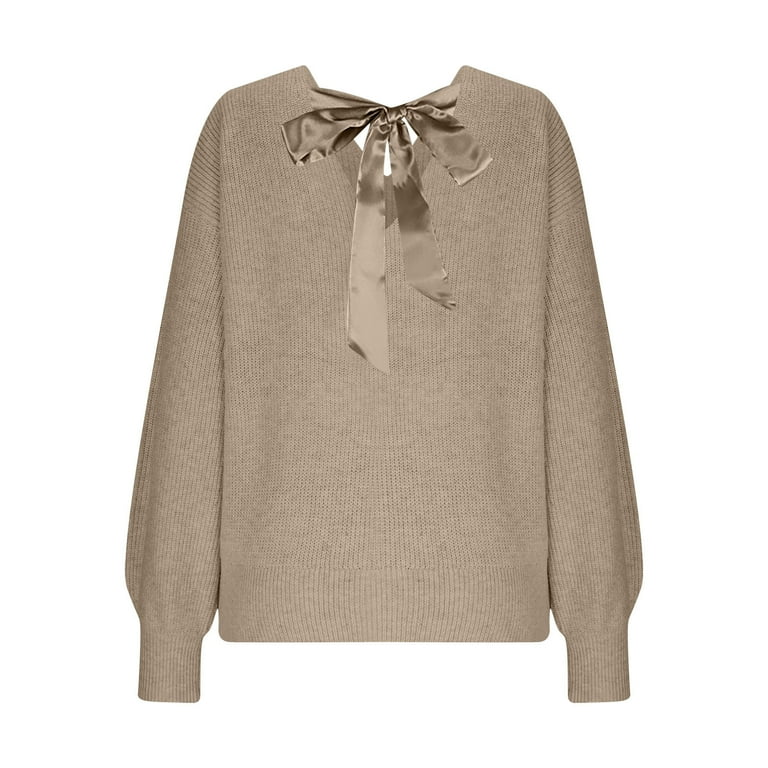 Fall V Neck Sweaters for Women Tie Back Long Sleeve Bow Sweater