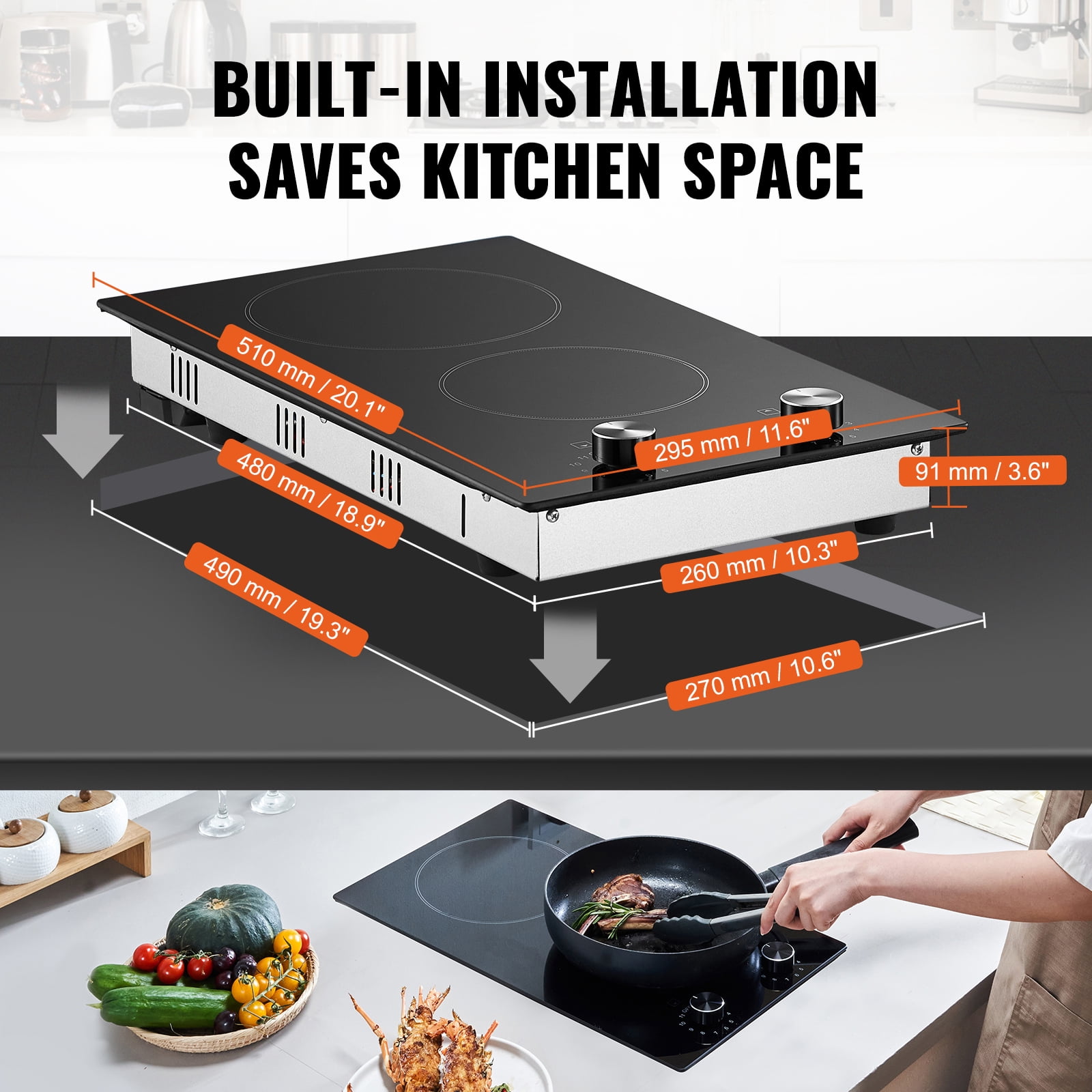 KFFKFF 12-Inch Electric Cooktop, 2-Burner Built-in Ceramic Stove, 3000W Radiant Heating, Glass Surface, Knob Controls, 11 Adjustable Heat Settings, 220-240V, Hardwired Connection (No Plug)