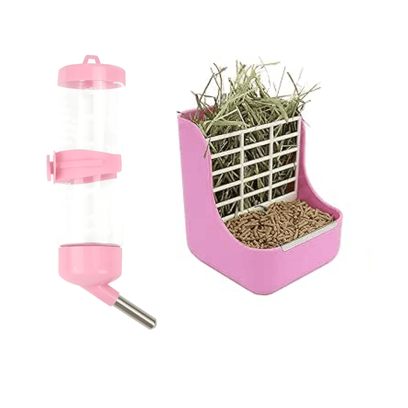 Kit Comedero Bebedero Para Conejo Cuyos Chinchillas Malubero ROSA BLANCO