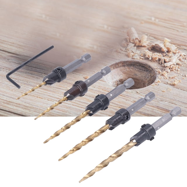 Brocas Para Avellanador, 2 Ranuras Biseladas, Vástago Hexagonal De 1/4 Pulg., 5 Piezas/juego, Broca Avellanadora De Acero HSS+C45, Resistente A La Corrosión, Chapada Para PVC
