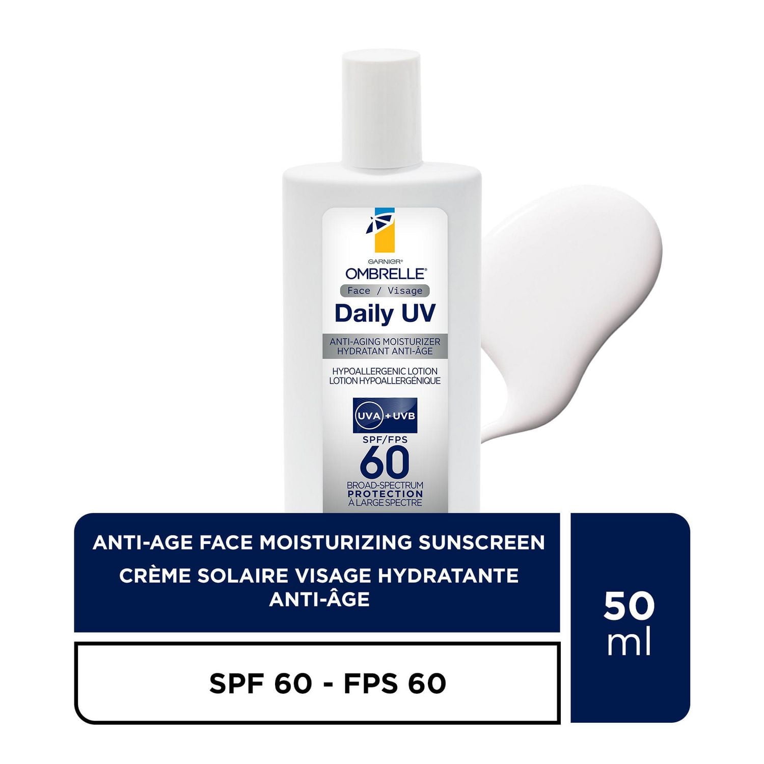 Garnier Ombrelle Daily UV SPF 60, lotion solaire légère anti-âge pour le visage et crème hydratante, très haute protection à large spectre, hydrate et combat les signes du vieillissement, hypoallergén
