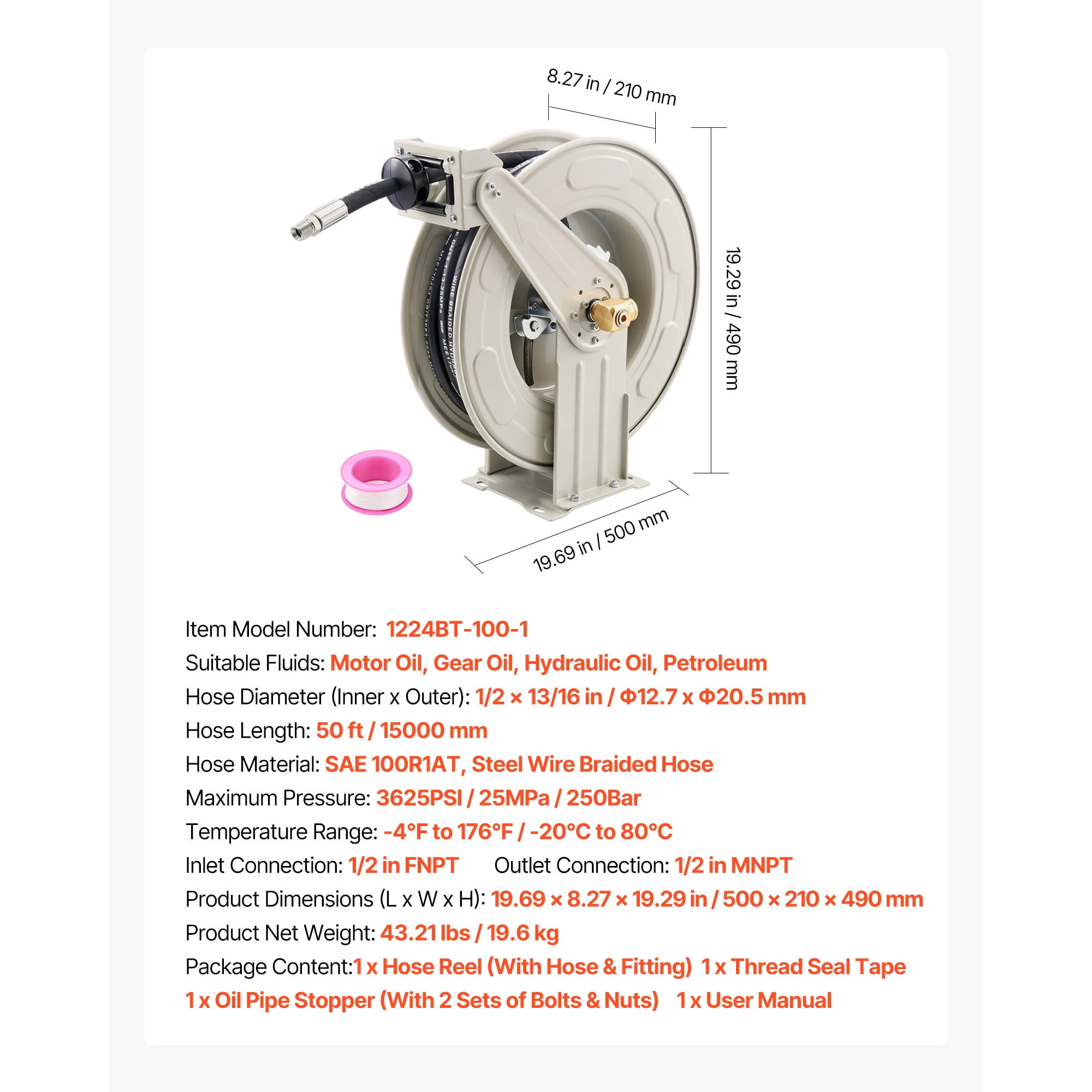 KFFKFF Retractable Oil Hose Reel, 1/2 inch x 50 ft, Spring-Driven Auto Rewind, Max 3625 PSI, Durable Carbon Steel Build with Steel Wire Braided Hose, Suitable for Engine, Gear, and Hydraulic Oil