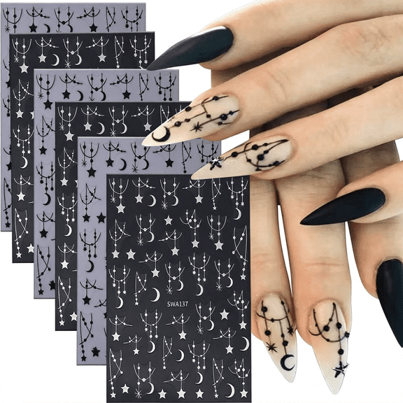 RAGUPEL 6 Sheets Moon Star Nail Art Stickers 3D Self -Adhesive Hollow Stars Nail Decals Holographic Black & Silver Pendant Star Moon Nail Stickers Unique Nail Decoration for Women Manicure Supplies
