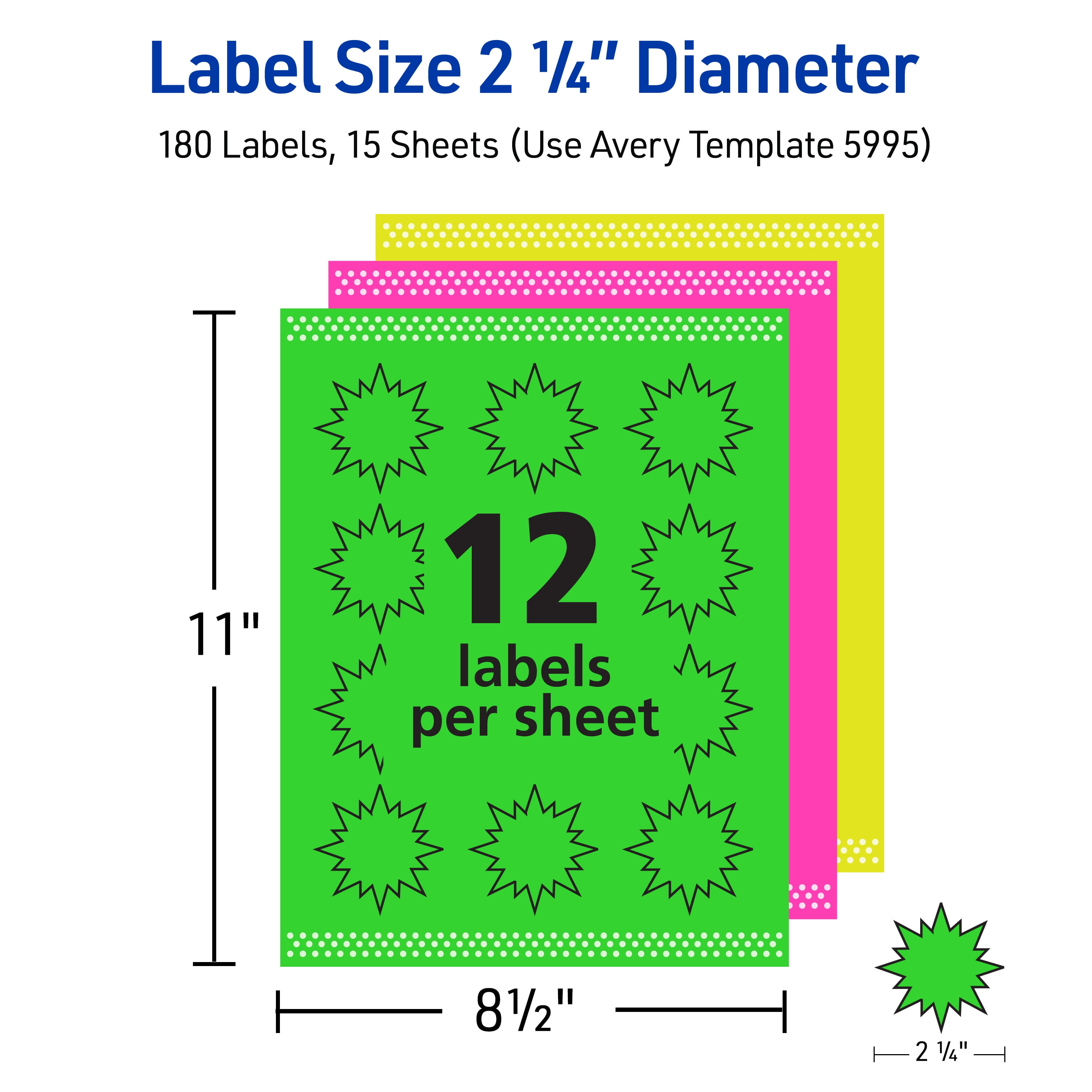 Avery Burst ID Labels, 2-1/4", Assorted Neon, 180 Total (5995)