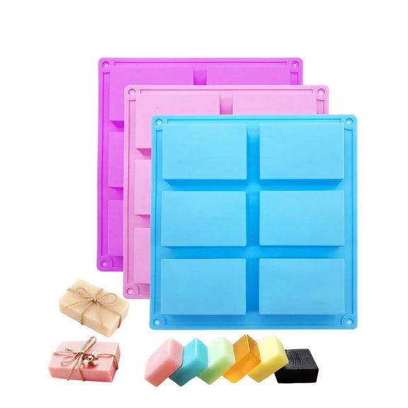 RYLZX 3 Pack Silicone Soap Molds, 6 Cavities Rectangle Silicone Mold, Great For Homemade Craft Soap Mold, Chocolate, Cake Molds & Ice Cube Tray - Just Pop Out(Pink & Blue & Purple)