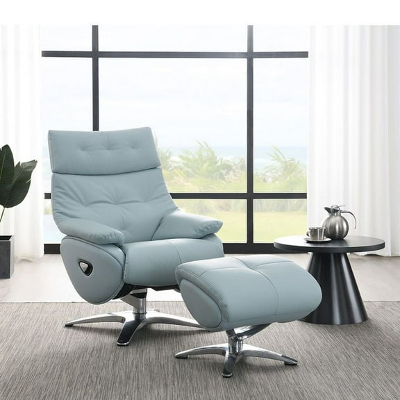 ACME Janella Leather Upholstered Swivel Accent Chair with Ottoman in Baby Blue