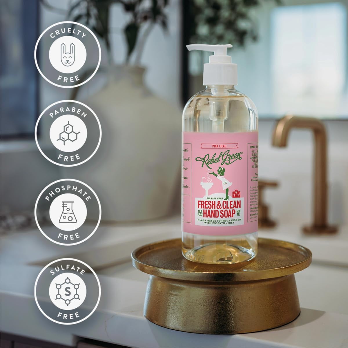 Rebel Green Liquid Hand Soap - Natural Hand Soap Pump Bottles - Bathroom & Kitchen Hand Soap - Hand Wash with Fresh Pink Lilac Scent - (16.9 oz Bottles, 4 Pack)
