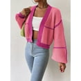 thumbnail image 3 of Women's Long Sleeve Cropped Cardigan, Contrast Color V-Neck Loose Open Front Knit Sweater Kimono Coat, 3 of 6