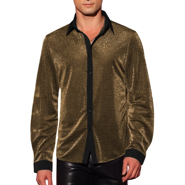 Camisa de fiesta de manga larga para hombre INSPIRE CHIC con brillo, textura brillante, 2XL dorada