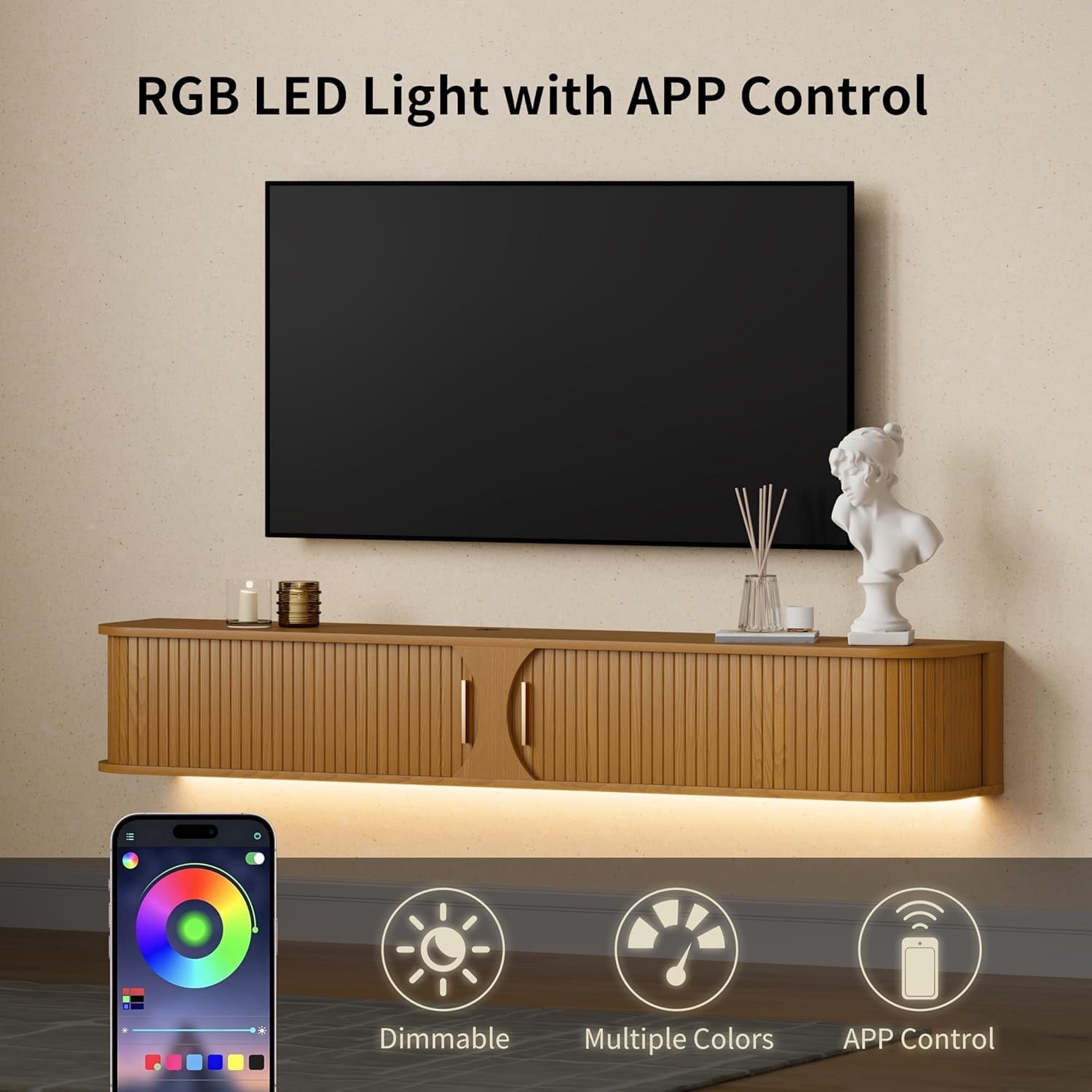63" Floating TV Stand with Power Outlet for TVs up to 70", Mid Century Modern TV Console with RGB LED Lights, Fluted Entertainment Center With Sliding Door for Living Room, Yellow Walnut