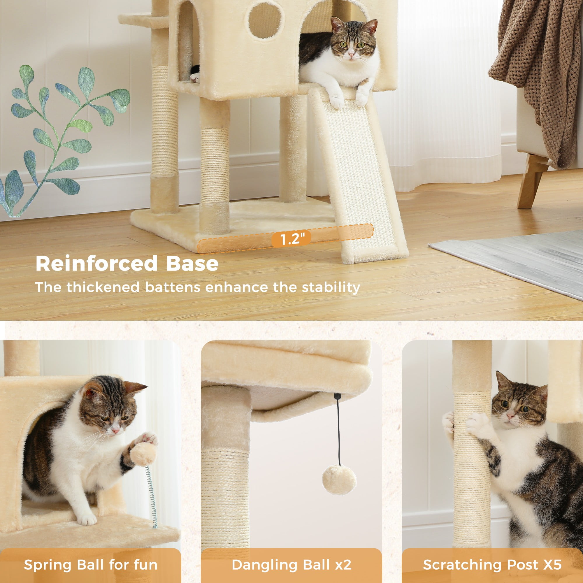 Kadyn 64" Multi-Level Cat Tree Tower for Large with Hammock, Plush Cat Condos for Indoor Cats, Beige